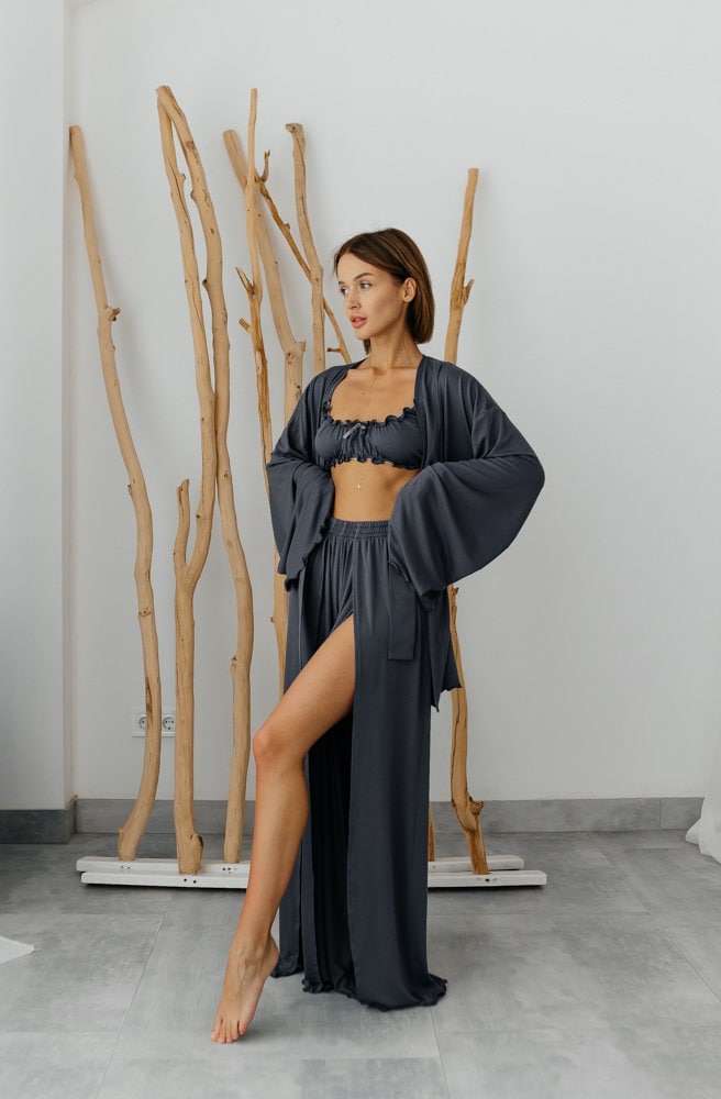 Three Piece Pajamas Set|Robe+Crop Top+Shorts