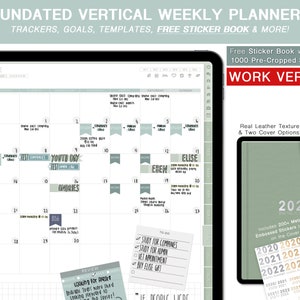 May include: A digital planner with a green and white color scheme. The planner is undated and has a vertical weekly layout. It includes a calendar, to-do list, and space for notes. The planner also comes with a free sticker book with over 1000 pre-cropped stickers. The planner is available in two cover options: real leather texture and a teal blue cover.