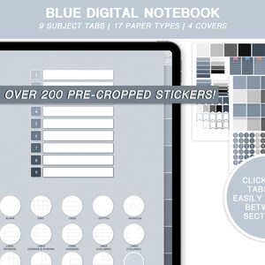 May include: A digital notebook app with a blue and gray color scheme. The app has 9 subject tabs, 17 paper types, and 4 covers. It includes over 200 pre-cropped stickers. The app has clickable tabs to easily switch between sections.