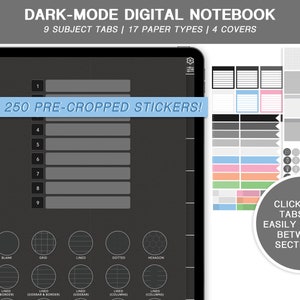 Digital Notebook Dark Mode | 9 Subject 17 Paper Types Goodnotes Student Hyperlinked Tabs Digital Planner/ Bullet Journal Notability Darkmode