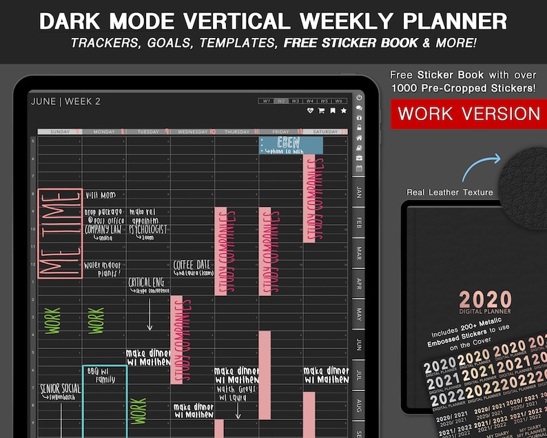 Dark Mode Digital Planner (WORK) Vertical Blackout | Weekly, Undated ...