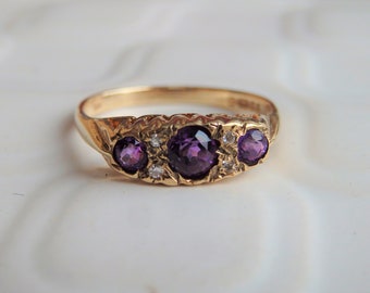 Vintage Three Stone Amethyst and Diamond Ring in 9ct Yellow Gold
