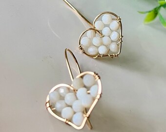 Heart Easy Earrings/Easy Ear to wear/Mother of Pearls Flower Earrings Jewelry/Wire Wrap Earrings/ Gold Filled/ Silver/ Mothers Day/ Handmade