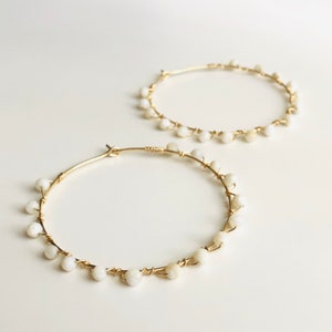 Wrapped Hoop Mother of Pearl Earrings, Round Hoops Wired, Sterling Hoops, Gold Hoops, Gold Lightweight Hoops, Handmade Minimalist Hoops