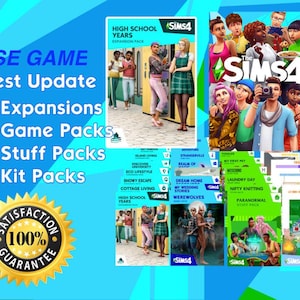 Peut inclure: Une collection numérique de contenu pour le jeu vidéo Les Sims 4 incluant le jeu de base, des extensions, des packs de jeu, des kits d'objets et des kits. Un badge circulaire doré avec le texte 100% SATISFACTION GUARANTEE est en bas à gauche.
