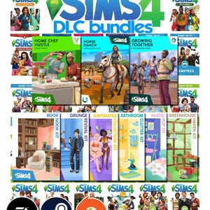 Peut inclure: Une collection numérique de packs DLC pour The Sims 4 comprenant diverses extensions, packs de jeu et kits d'objets. L'image affiche plusieurs couvertures de jeux avec des personnages, des animaux et des scènes d'intérieur, ainsi que les logos EA, Steam et Origin.