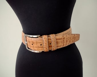 Italian Embossed Leather Belt: Unisex Beige Vintage Belt (4.0 cm)