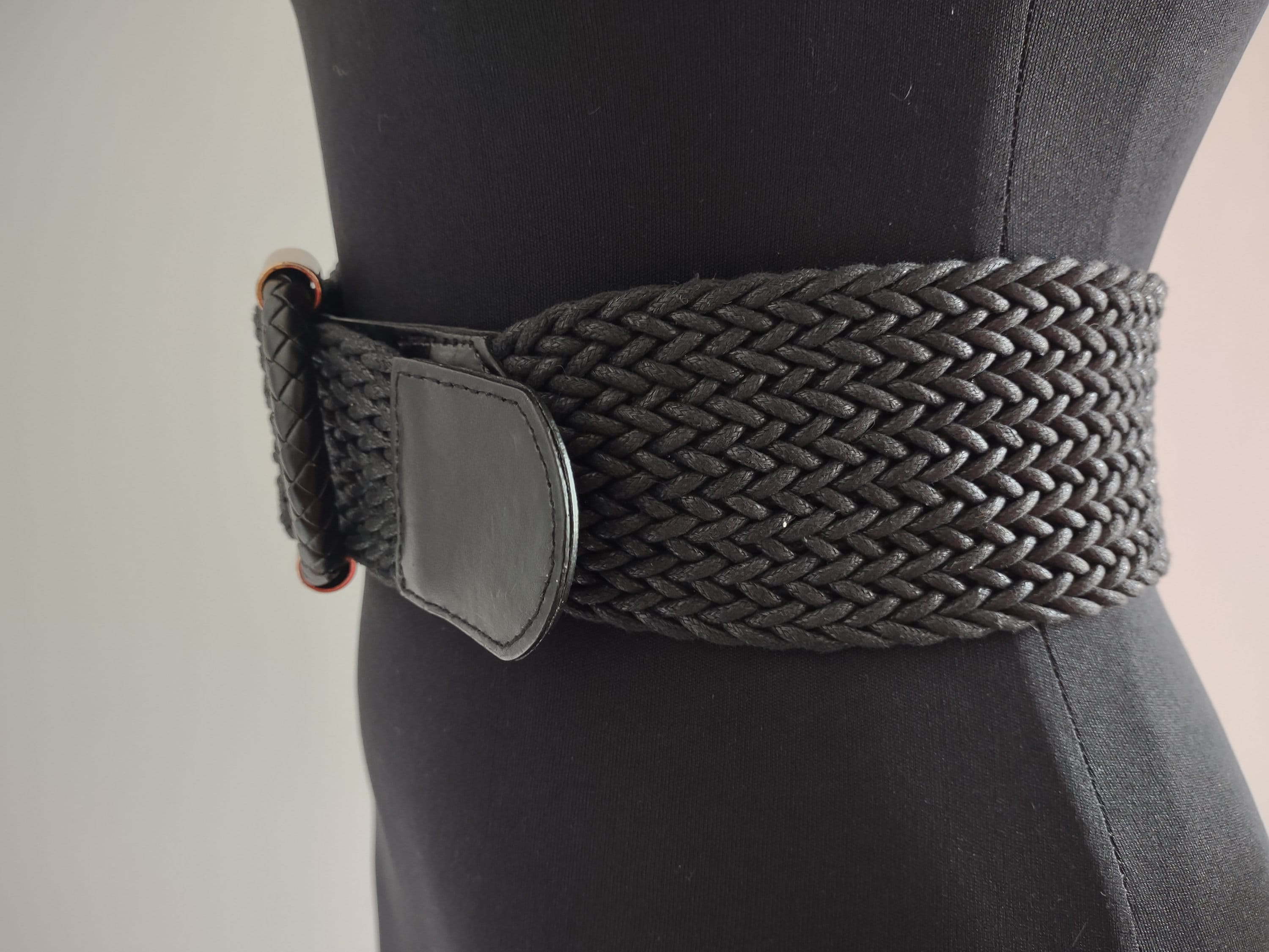 Vintage Black Woven Textile Belt: Wide Waist Belt, Retro  display picture 1