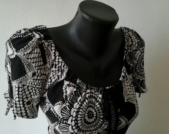Vintage Black and White Cotton Blouse - Summer Retro Shirt