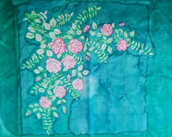 Vintage Hand-Dyed Silk Scarf: Floral Boho Shawl, 80s Green Headscarf