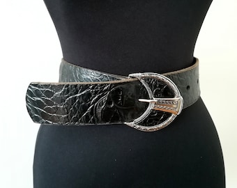 Wide Embossed Leather Belt: Vintage Black Belt with Metal Buckle, The prices of the listings in this store include tariffs, duties and taxes