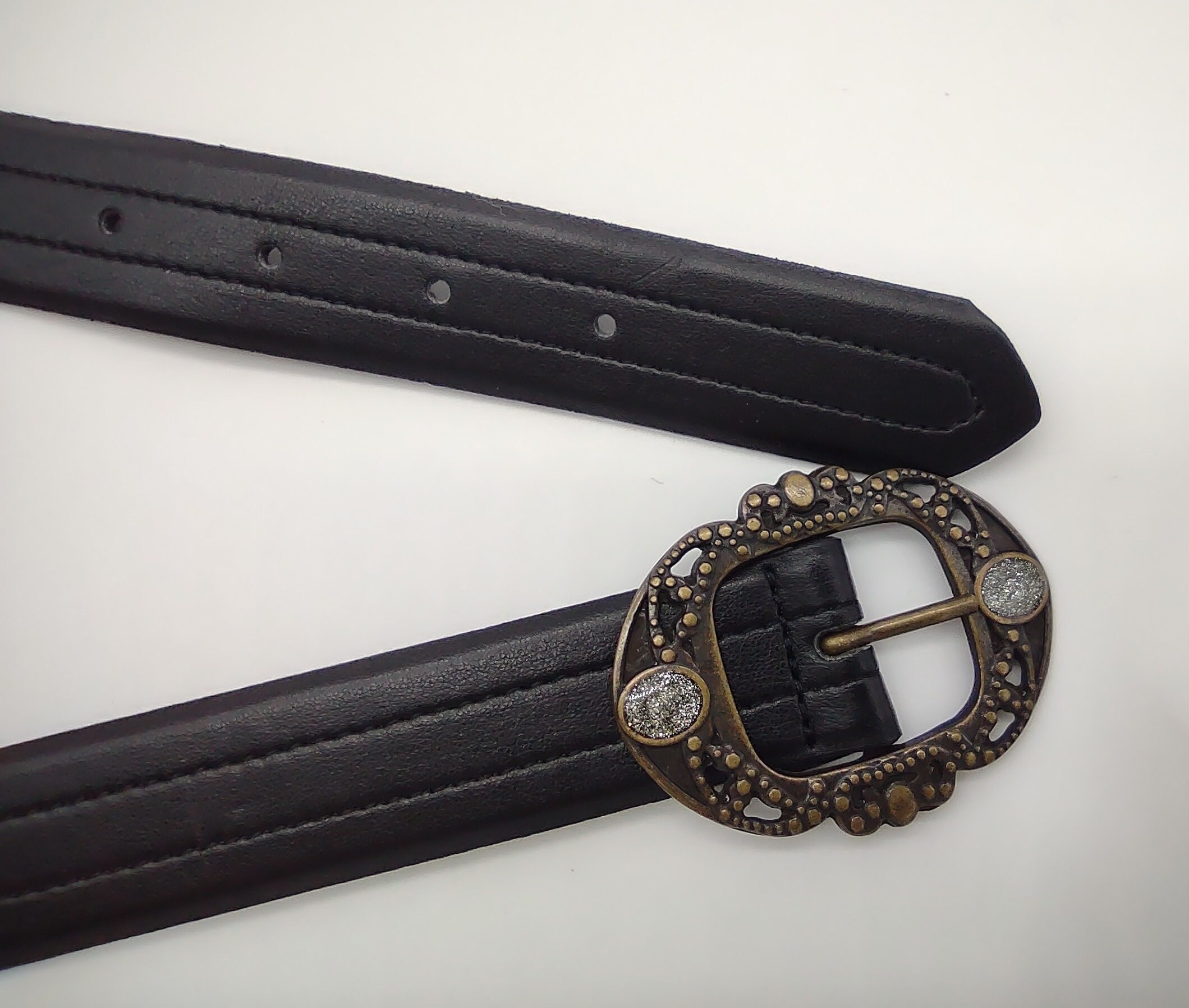 Black Vegan Leather Embellished Antique Brass Colored Buckle Size Medium Brass Vegan Belt - Etsy main image 2