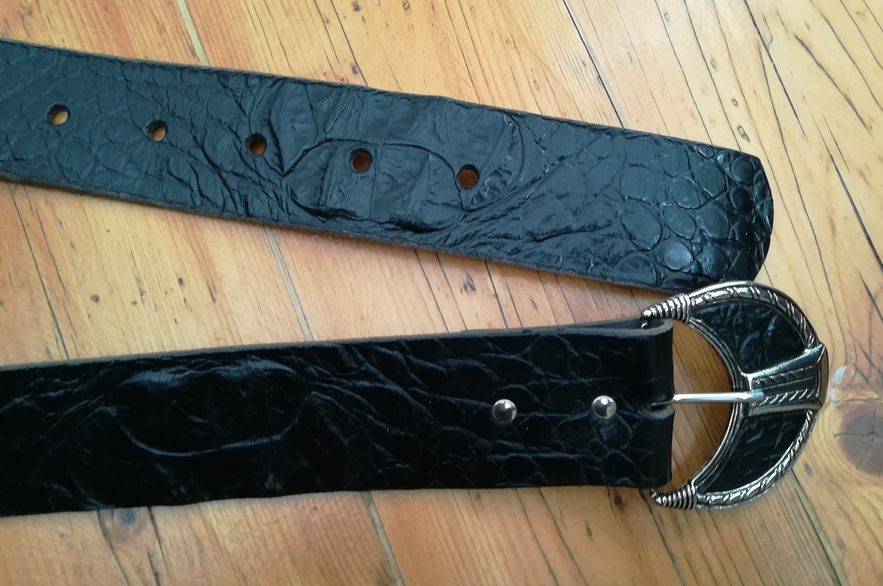 Wide Embossed Leather Belt: Vintage Black Belt With Metal 