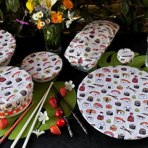 Zestaw 7 okrągłych misek do sałatek Charlotte, miska do ciasta, ciasto ekologiczna osłona miękka powlekana bawełna zero waste ZD osłona na naczynie maki sushi kawaii