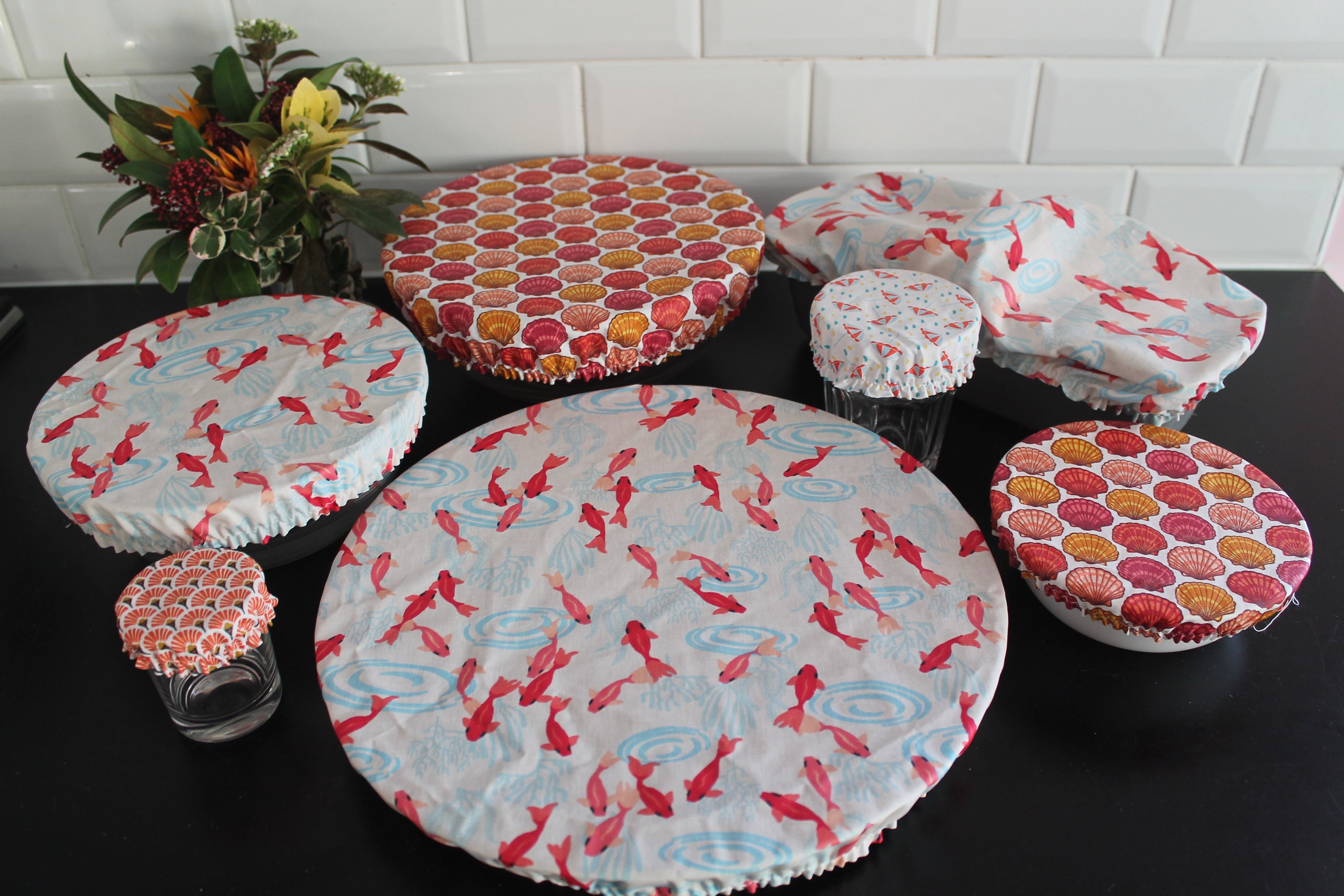 Lot 7 Charlottes à Saladier Couvre Plat Tarte Cake Couvercle Coton Enduit Zéro Déchet Zd Ecofriendly