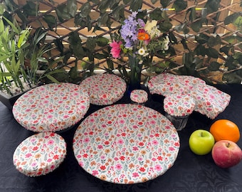 Set di 7 coperchi rotondi per ciotole da insalata, crostate, torte, in morbido cotone ecologico, a zero sprechi, perfetti per antipasti e picnic.