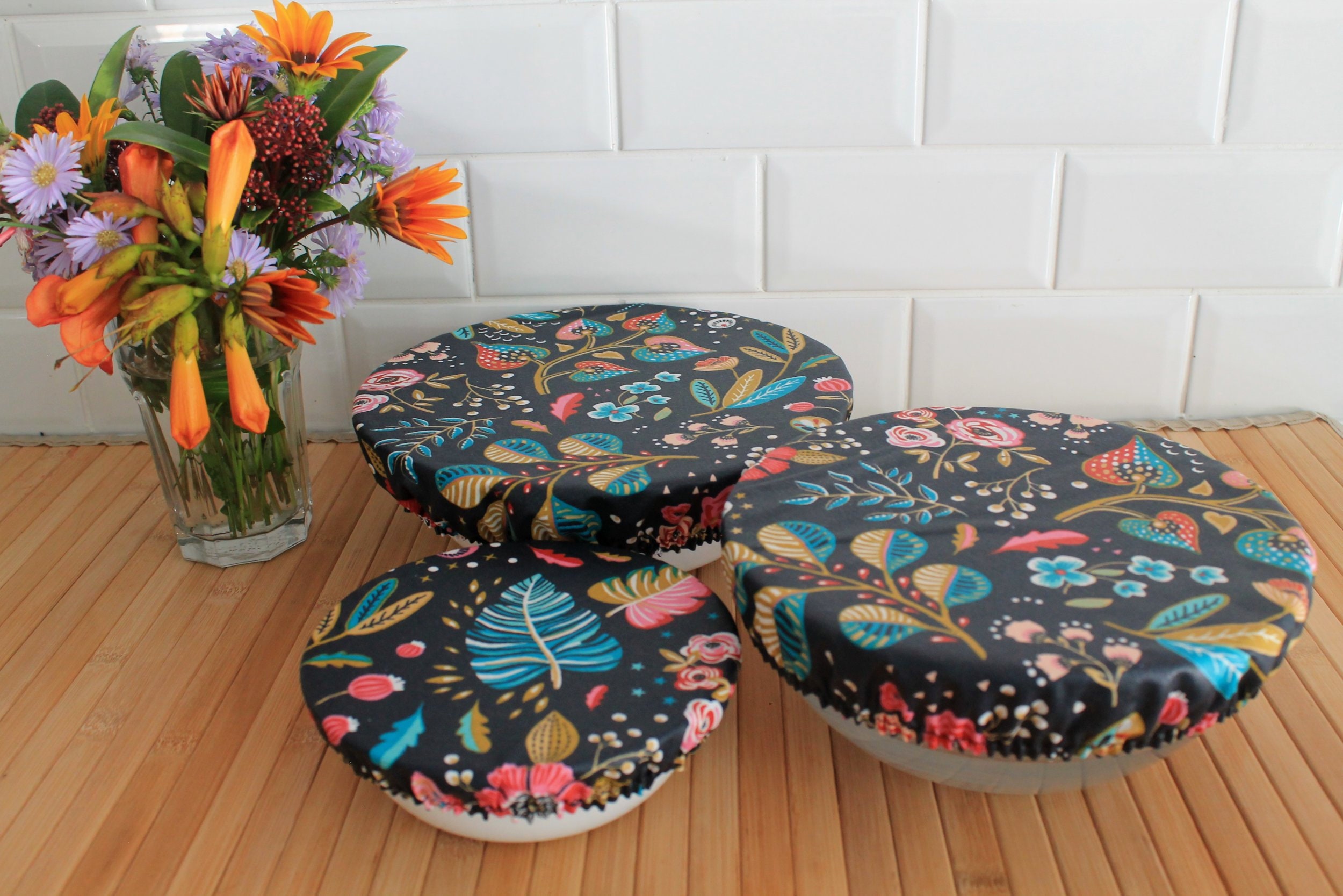 Lot de 3 Charlottes à Saladier, Rondes, Bol, Tarte, Cake Couvercle Écologique Coton Enduit Souple Zé