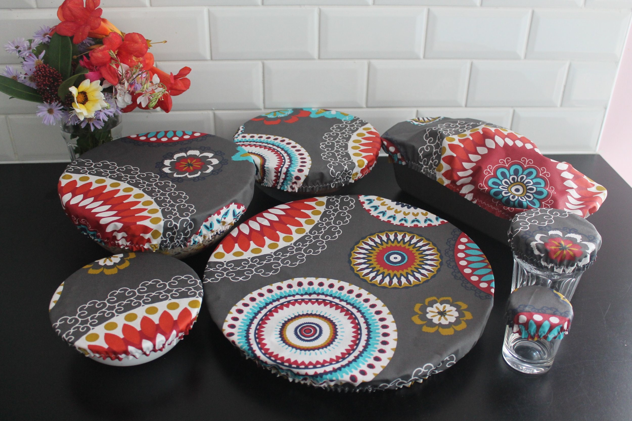 Lot de 7 Charlottes à Saladier Motif Rosaces Mandala Bol, Tarte, Cake Couvercle Écologique Coton End