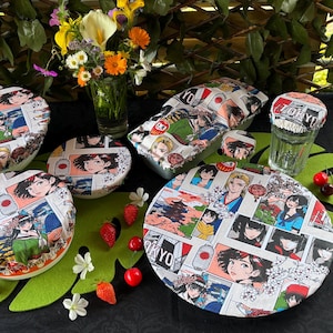 Zestaw 7 okrągłych misek do sałatek Charlotte, miska do ciasta, ciasto ekologiczna osłona miękka powlekana bawełna zero waste ZD osłona na naczynie manga Japonia Sakura