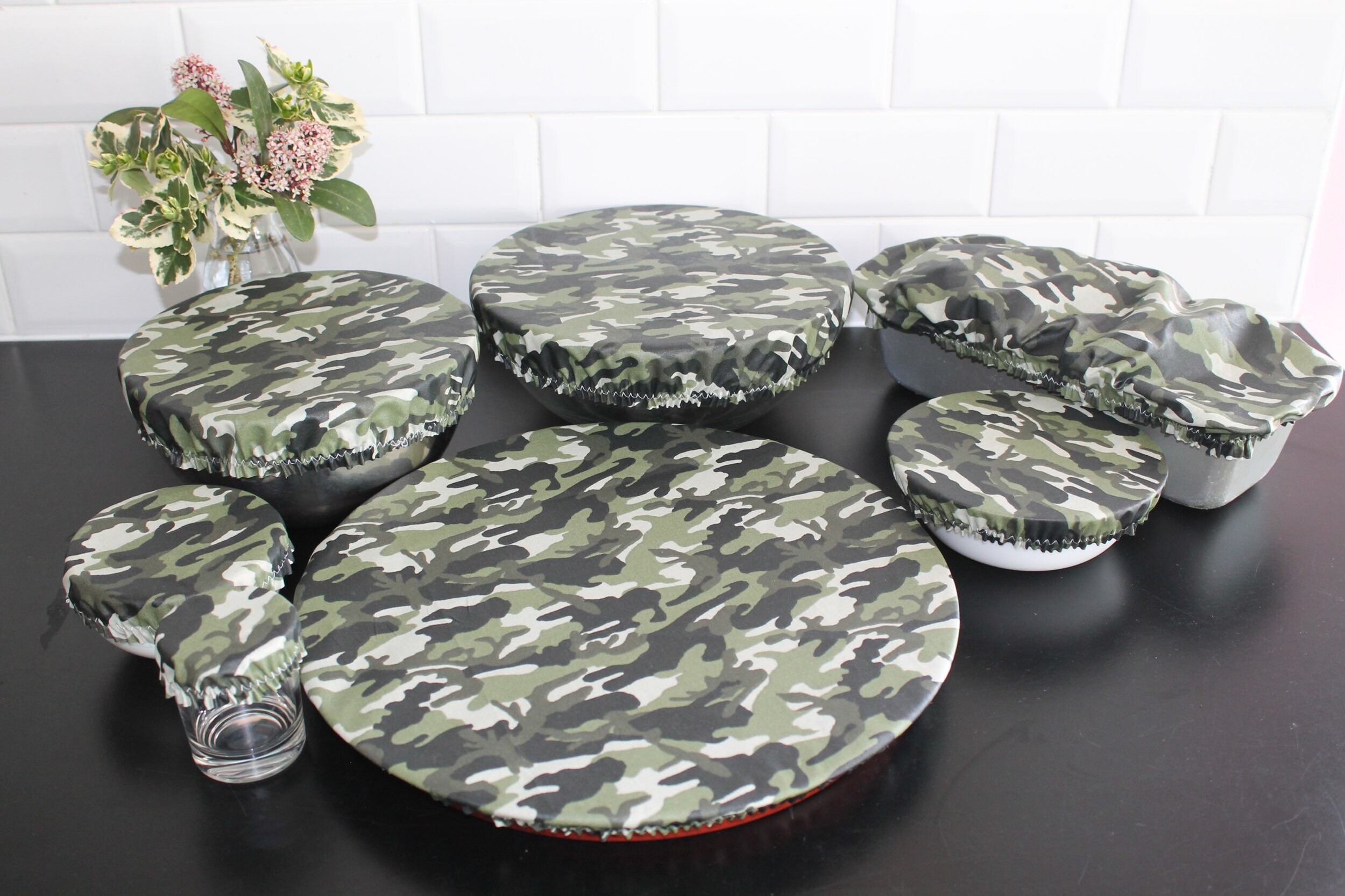 Lot de 7 Charlottes à Saladier Kaki Camouflage Ronde Tarte Cake Couvercle Écologique Coton Enduit So
