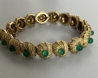 5059- Yellow Gold Guilloché Chrysoprase Bracelet