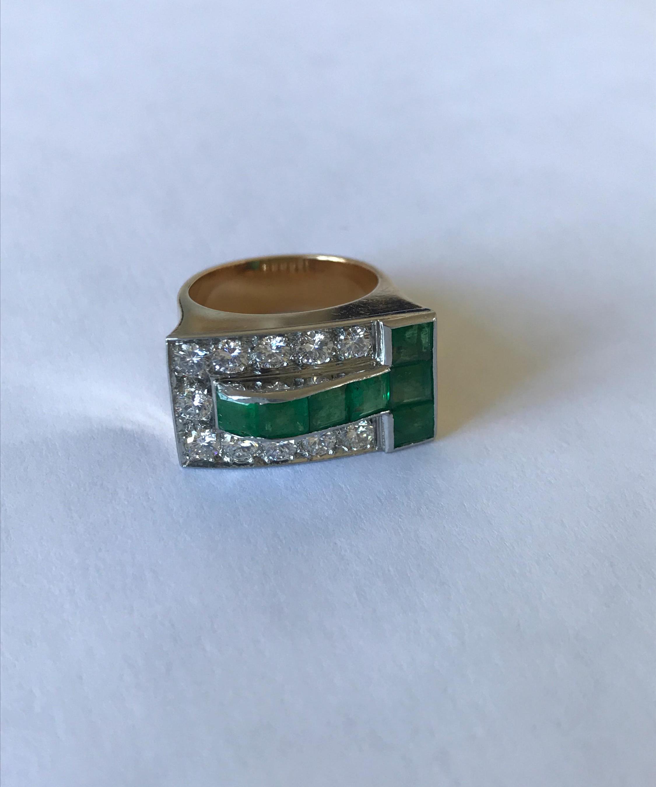 1057- Tank Ring Yellow Gold Platinum Emeralds Diamonds