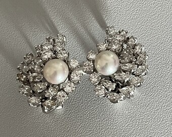 5397b- Boucles d'Oreilles Or Gris Perles Diamants