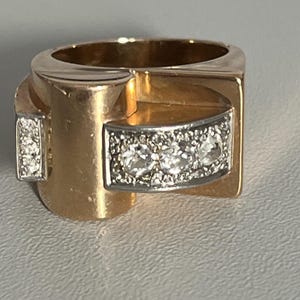 6419- Tank Ring Yellow Gold Platinum Diamonds