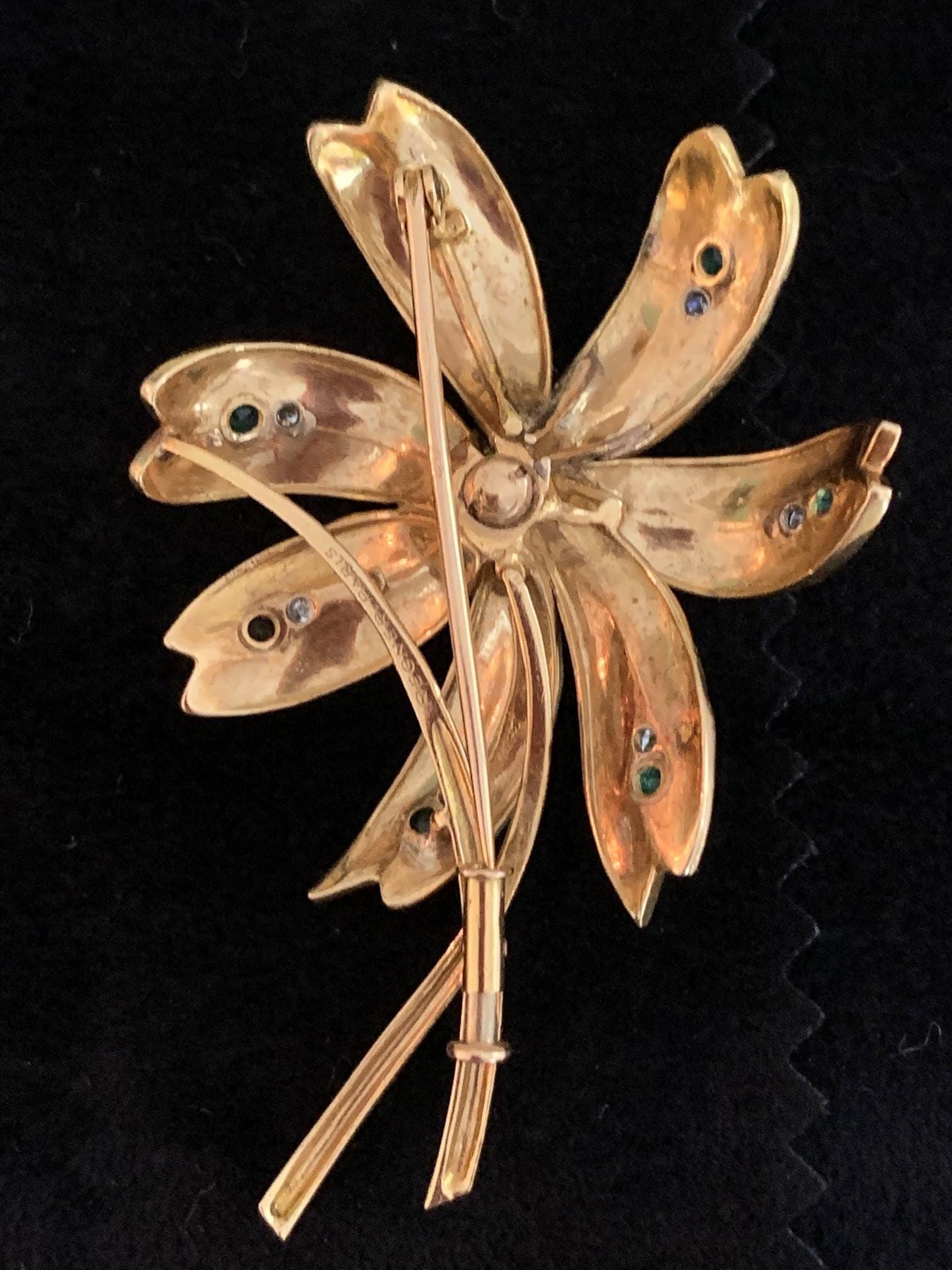 Broche Fleur Régner Paris - Or Jaune 18 Carats Avec Rubis, Diamants Et émeraudes - Occasion
