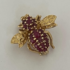Könnte beinhalten: Eine goldfarbene Brosche in Form einer Biene mit rubinroten Edelsteinen. Die Brosche hat detaillierte Flügel und einen Körper, der aus geclusterten, runden Edelsteinen besteht. Das Design der Biene ist aufwendig, mit Fokus auf die Edelsteine und die Goldarbeiten.