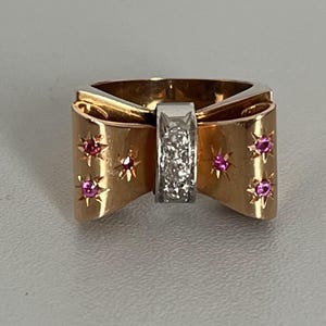 6745- Tank Ring Rose Gold Platinum Diamonds Red Stones
