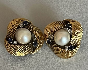 4168– Yellow Gold Sapphire Pearl Clip-on Earrings 1960s