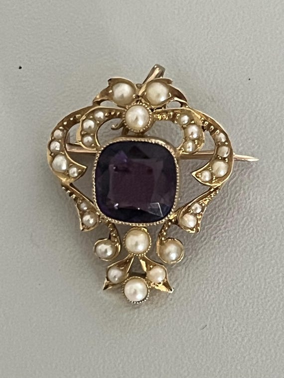 6899- Pendentif Ancien Or Jaune Améthyste Perles … - image 3