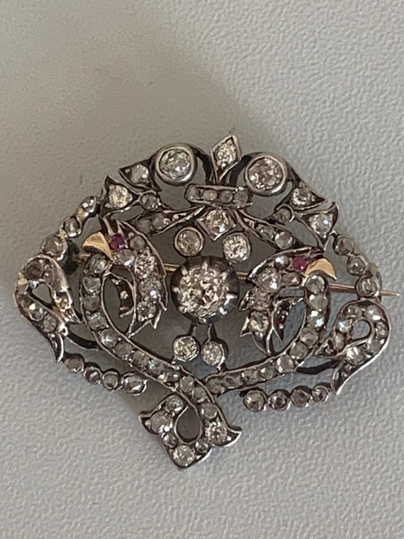 3028- Silver Silver Ruby Diamond Brooch 1910s - image 2