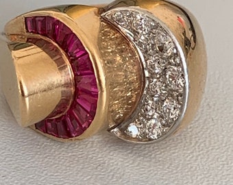 3305- Yellow Gold Ring Synthetic Ruby Diamonds 40s