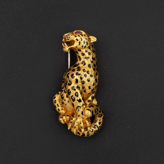 5912- Yellow Gold Enamel Panther Brooch - image 1