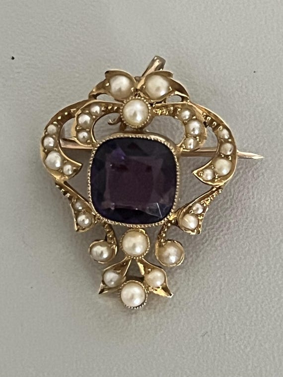 6899- Pendentif Ancien Or Jaune Améthyste Perles … - image 1