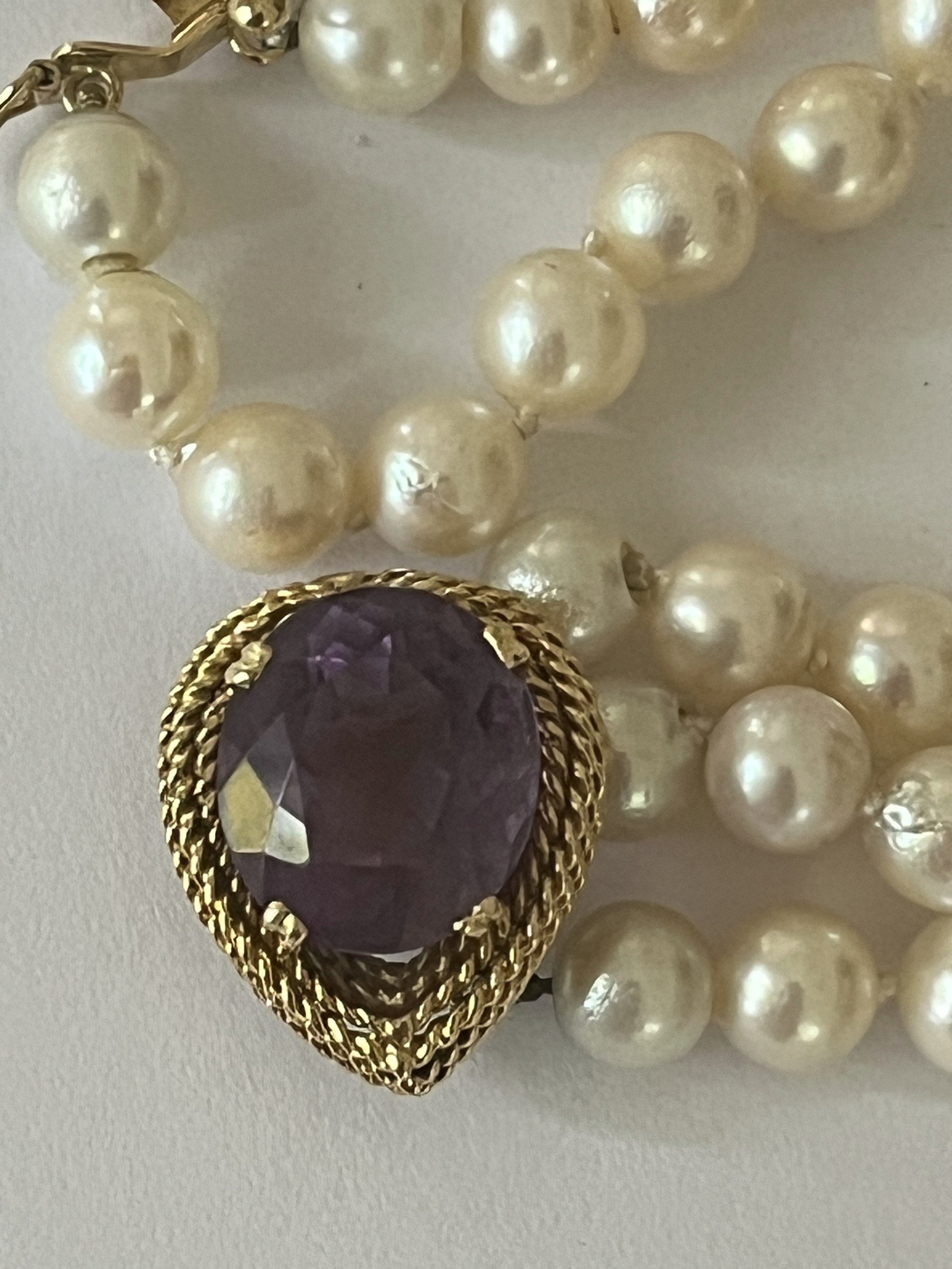 Bracelet 3 Rangs Perles Et Améthyste - Fermoir En Or Jaune 18 Carats, Occasion