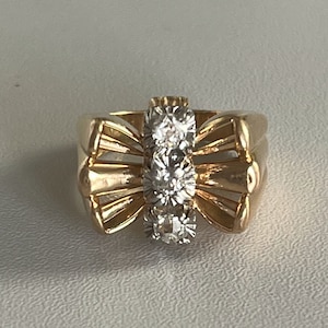 4805- Tank Ring Yellow Gold Platinum Diamonds