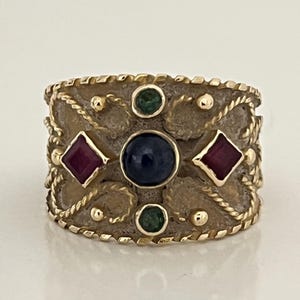 6854- Byzantine Ring Yellow Gold Sapphires Rubies Emeralds