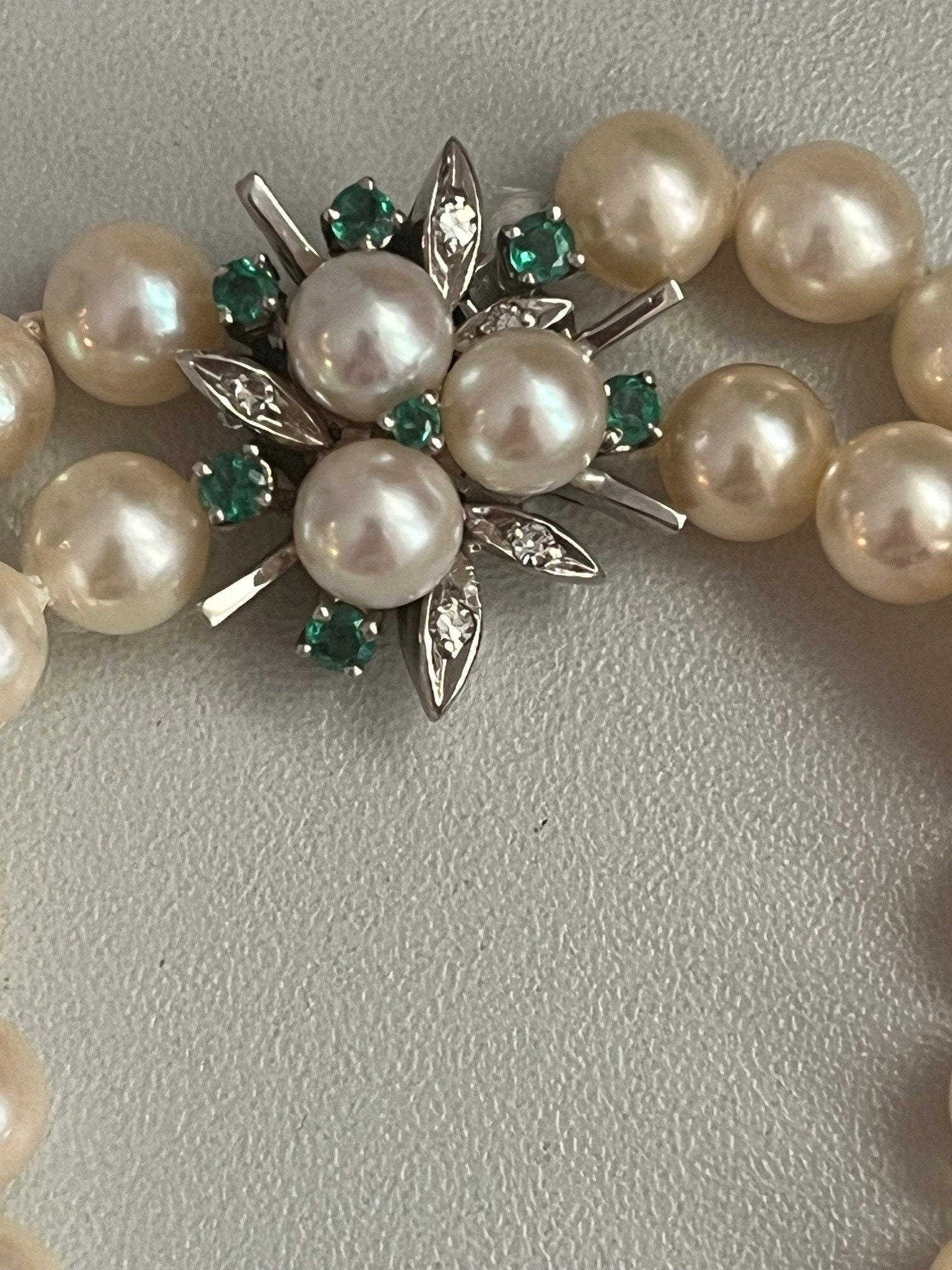 4881- Two Row Pearl Necklace Gold Clasp Emeralds Diamonds - Etsy