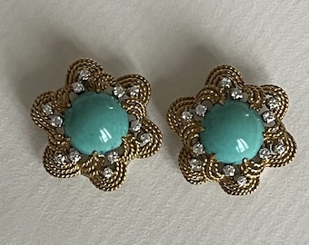 5152b- Boucles d'Oreilles Fils d'Or Jaune Turquoises Cabochon Diamants