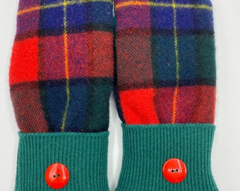 Upcycled Wool Sweater Mittens -- Navy, Red and Hunter Green Plaid
