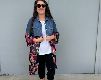Upcycled Chambray and Bright Floral Print Duster - Size M/L