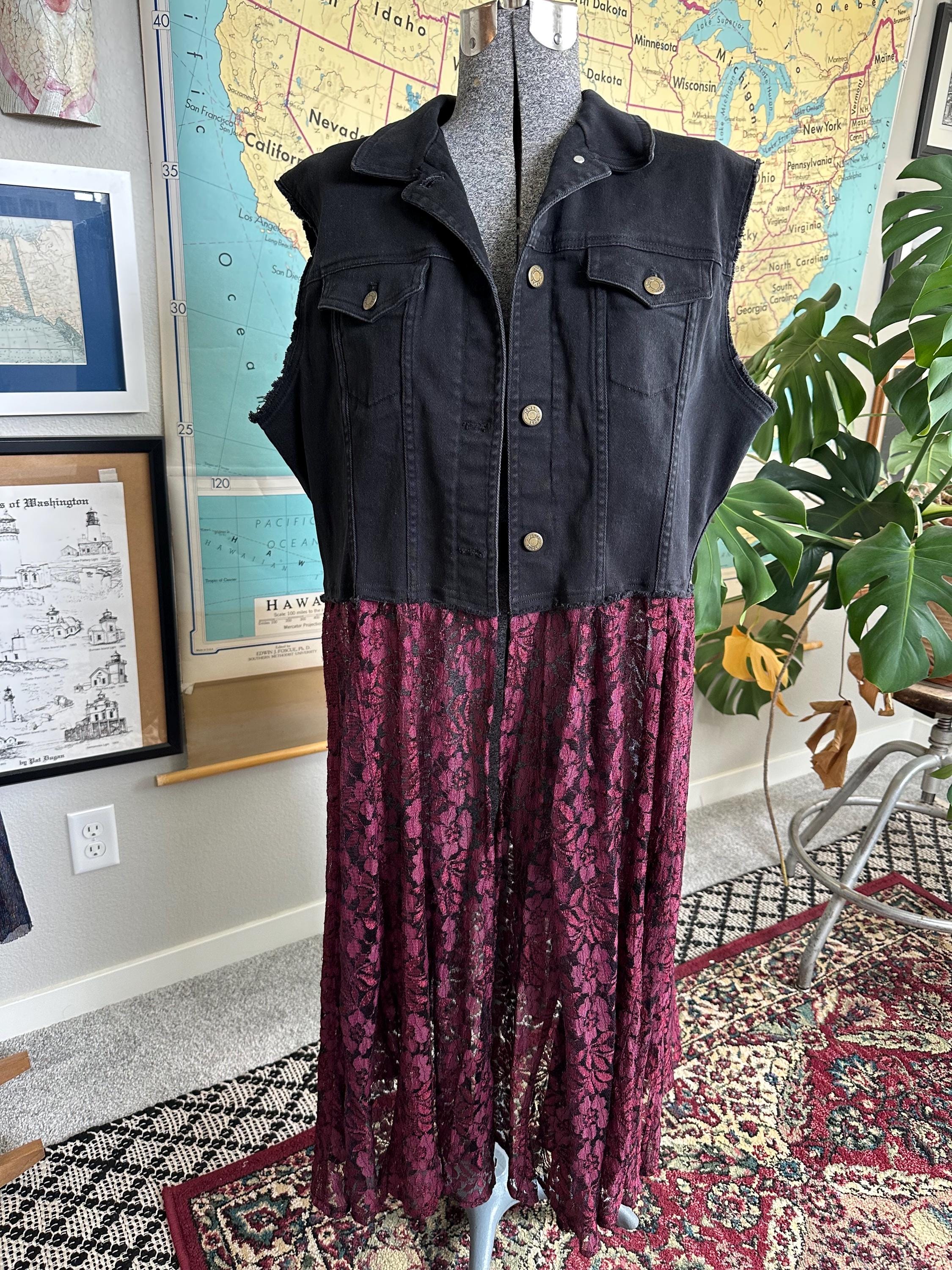 Upcycled Black Denim and Maroon Lace Duster - Size XL