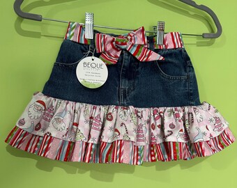 Upcycled Kids Denim Ruffle Skirt - Pastel Christmas - Size 4T