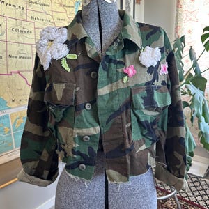 Upcycled Camo Jacket with Chenille Floral Patches - Small