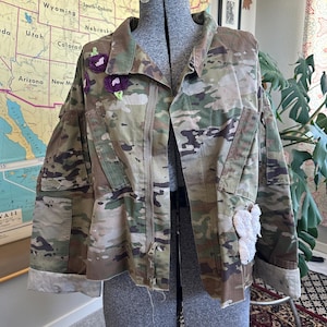 Upcycled Camo Jacket with Chenille Floral Patches - XL