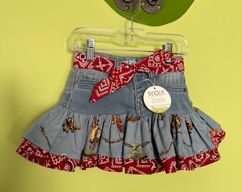 Upcycled Kids Denim Ruffle Skirt - Western Rodeo - Size 4T