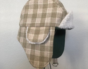 Upcycled Wool Aviator Hat - Beige and Green Plaid - Adult Large